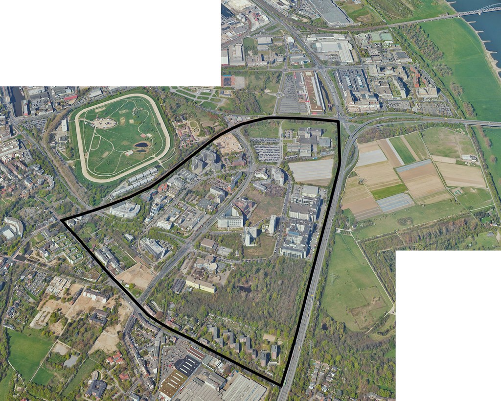 Neuss entwickelt 2023 – Hammfeld I #2 Luftbild mit eingezeichneter Grenze des Quartiers.