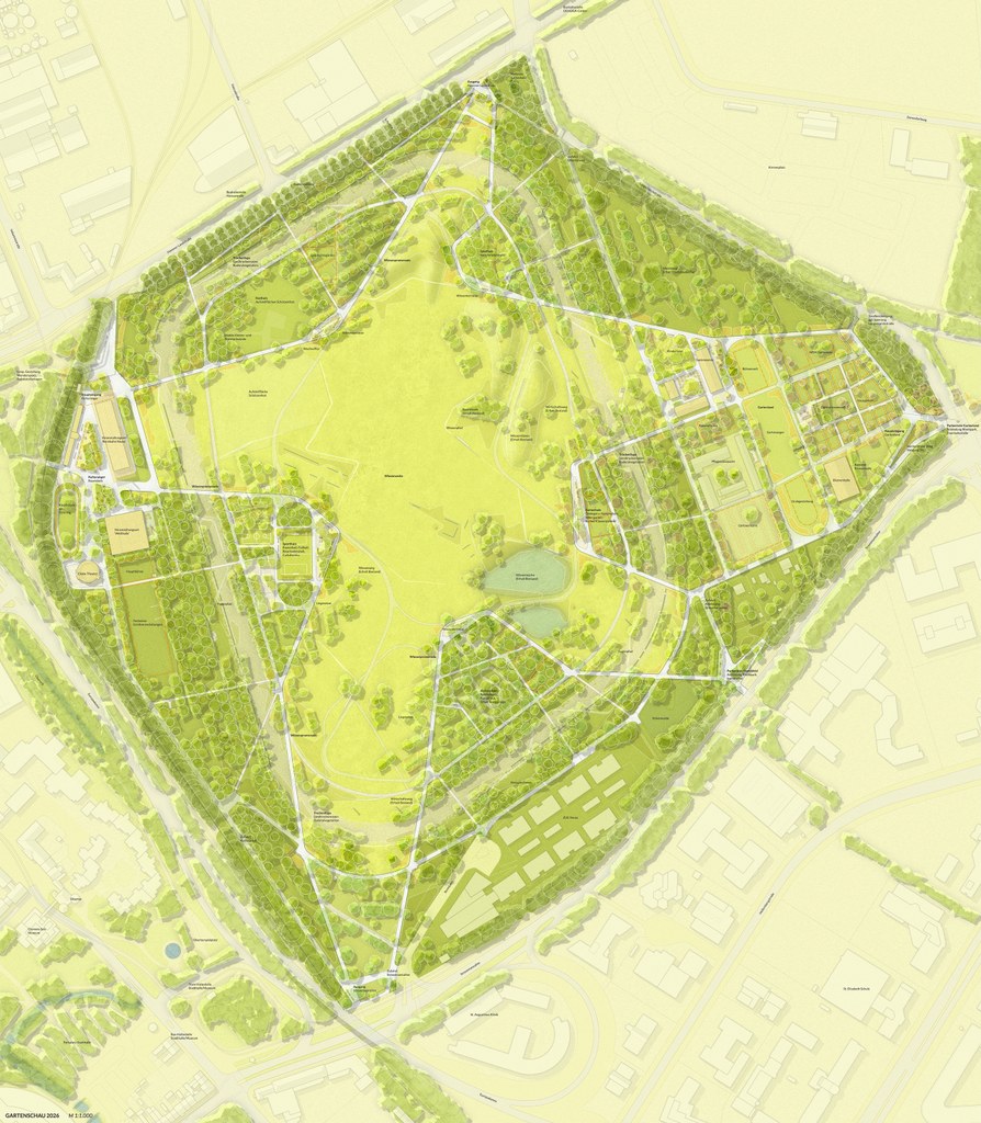 Spuren der Zukunft: Areal Illustration des Areals der Landesgartenschau 2026 aus der Vogelperspektive.