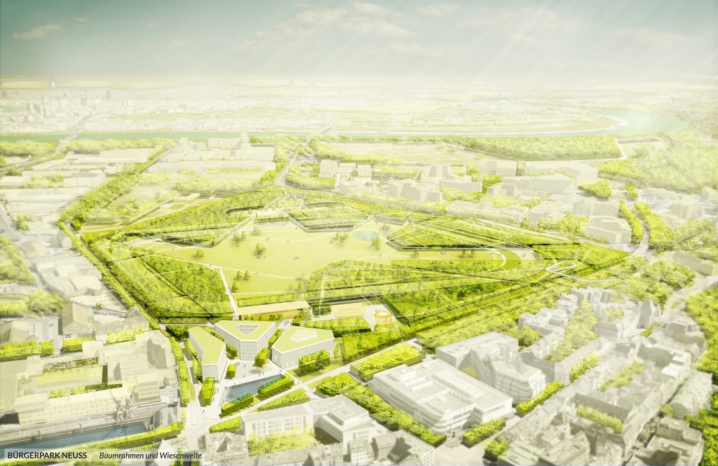 Spuren der Zukunft: Baumrahmen und Wiesenbreite Illustrierte Luftaufnahme des Bürgerparks.