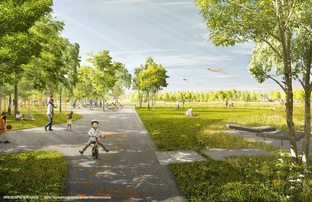 Spuren der Zukunft: Wiesenpromenade Illustration der Wiesenpromenade des Bürgerparks. Man sieht junge Familien mit Kindern an einem sonnigen Tag, im Hintergrund ist ein Spielplatz angedeutet.