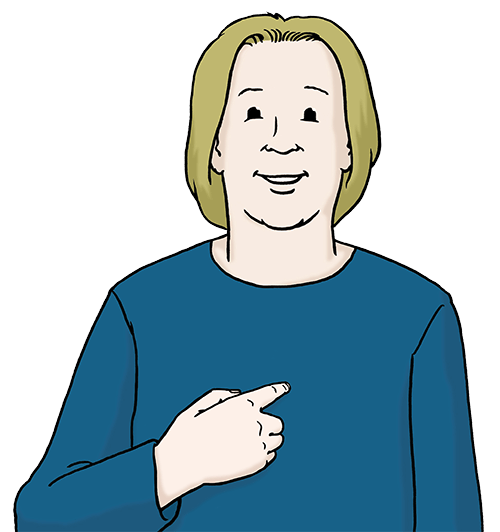 ls_ich.png Eine Frau zeigt auf sich selbst.